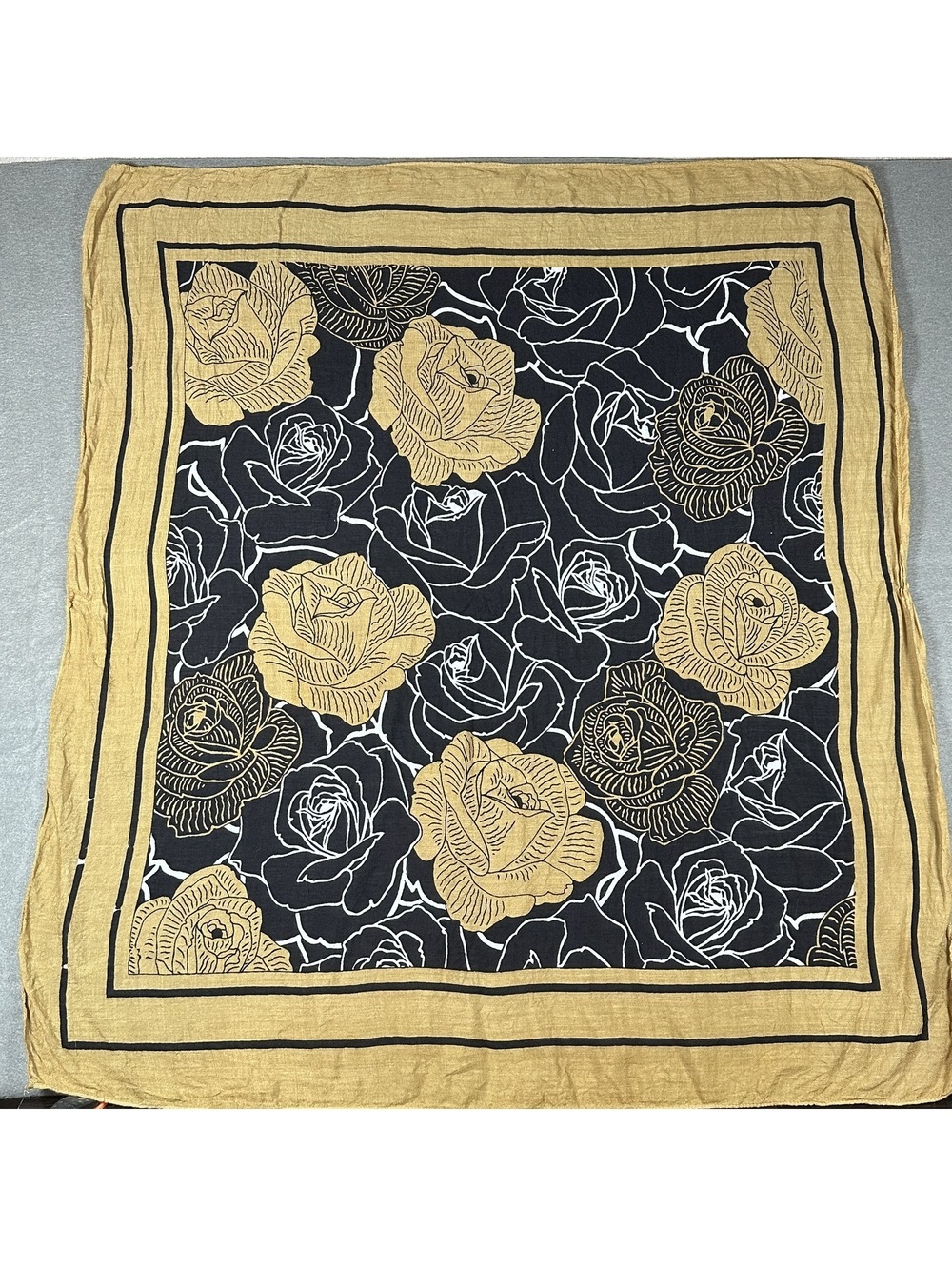 Vintage Liz Sinclair Square Floral Pattern Scarf in Black, White, and Yellow